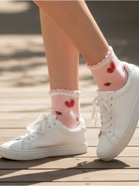 Pink Strawberry Ankle Socks for Women - Cute Ribbed Frill Trim